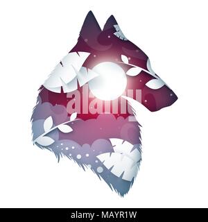 Wolf origami illustration. Cartoon night landscape. Stock Vector