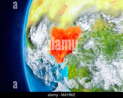 Map of Nigeria as seen from space on planet Earth with clouds and atmosphere. 3D illustration. Elements of this image furnished by NASA. Stock Photo