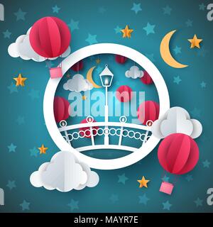 Street light. Cartoon paper landscape. Bridge, air balloon, moon, cloud, stad. Stock Vector