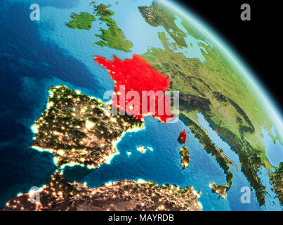 Satellite morning view of France highlighted in red on planet Earth. 3D illustration. Elements of this image furnished by NASA. Stock Photo