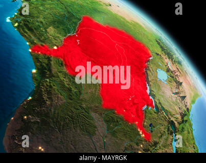 Satellite morning view of Democratic Republic of Congo highlighted in red on planet Earth. 3D illustration. Elements of this image furnished by NASA. Stock Photo