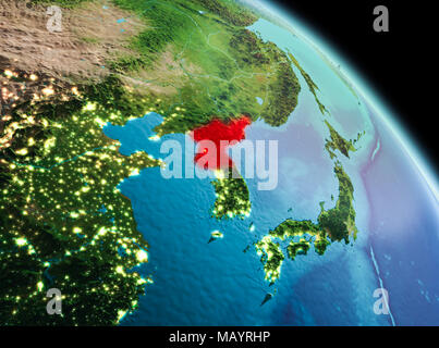 Satellite morning view of North Korea highlighted in red on planet Earth. 3D illustration. Elements of this image furnished by NASA. Stock Photo