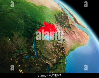 Satellite morning view of Uganda highlighted in red on planet Earth. 3D illustration. Elements of this image furnished by NASA. Stock Photo