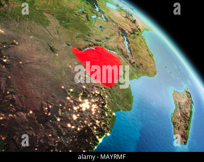 Satellite morning view of Zimbabwe highlighted in red on planet Earth. 3D illustration. Elements of this image furnished by NASA. Stock Photo