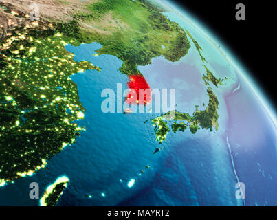 Satellite view of South Korea highlighted in red on planet Earth at ...