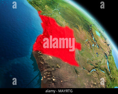 Satellite morning view of Angola highlighted in red on planet Earth. 3D illustration. Elements of this image furnished by NASA. Stock Photo