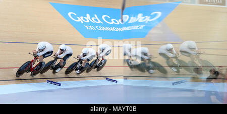 England's Charlie Tanfield (left), Ethan Hayter (second left), Daniel Bigham (second right) and Kian Emadi in action in the Men's 4000m Team Pursuit Qualifying at the Anna Meares Velodrome during day one of the 2018 Commonwealth Games in the Gold Coast, Australia. Stock Photo