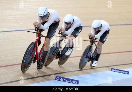 England's Charlie Tanfield (left), Ethan Hayter (centre) and Daniel Bigham in action in the Men's 4000m Team Pursuit Qualifying at the Anna Meares Velodrome during day one of the 2018 Commonwealth Games in the Gold Coast, Australia. Stock Photo