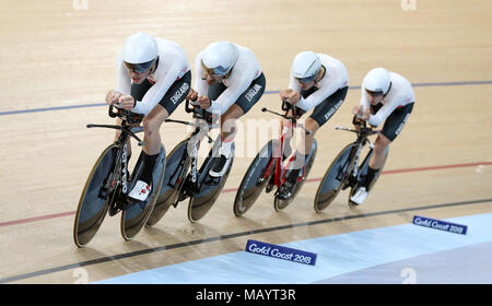 England's Daniel Bigham (left), Kian Emadi (second left), Charlie Tanfield (second right) and Ethan Hayter in action in the Men's 4000m Team Pursuit Qualifying at the Anna Meares Velodrome during day one of the 2018 Commonwealth Games in the Gold Coast, Australia. Stock Photo