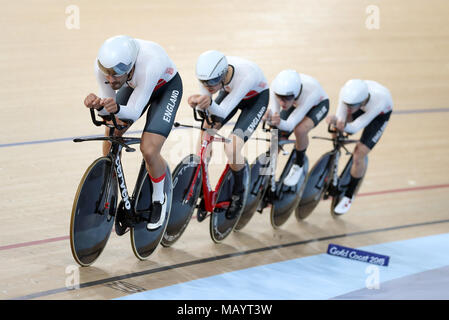 England's Kian Emadi (left), Charlie Tanfield (second left), Ethan Hayter (second right) and Daniel Bigham in action in the Men's 4000m Team Pursuit Qualifying at the Anna Meares Velodrome during day one of the 2018 Commonwealth Games in the Gold Coast, Australia. Stock Photo