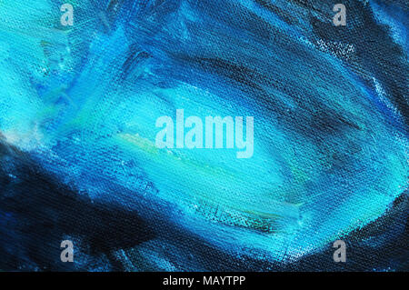 Texture of a canvas with large brushstokes of blue oil paint close-up. Stock Photo