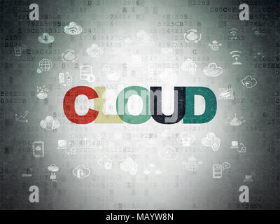Cloud networking concept: Painted multicolor text Cloud on Digital Data Paper background with  Hand Drawn Cloud Technology Icons Stock Photo