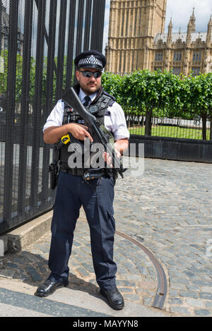 Armed police officer outside the Houses of Parliament, London, UK Stock Photo