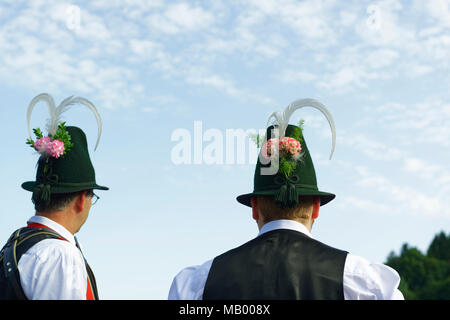 Two men in traditional costumes, Schliersee, Upper Bavaria, Bavaria, Germany Stock Photo