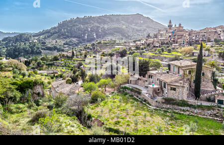 Panorama View of Valldemossa in the Tramuntana Mountains in Majorca Stock Photo