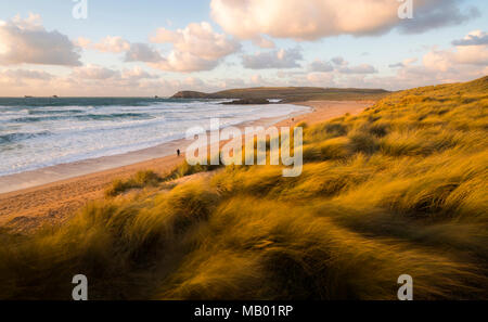 The dunes at sunset in Constantine Bay in North Cornwall. Stock Photo
