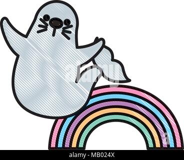 cute seal marine animal with rainbow Stock Vector