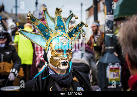 A masked participant at annual Montol Festival in Penzance celebrating the Winter Solstice. Stock Photo