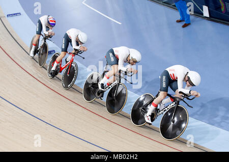 Left to right, England's Ethan Hayter, Charlie Tanfield, Kian Emadi and Daniel Bigham in action in the Men's 4000m Team Pursuit Finals Gold Medal Race at the Anna Meares Velodrome during day one of the 2018 Commonwealth Games in the Gold Coast, Australia. Stock Photo