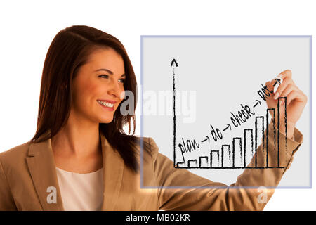 Happy smiling cheerful beautiful young business woman writing or drawing something on screen or transparent glass, by blue marker, isolated over white Stock Photo