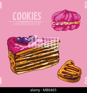 Digital vector detailed line art cakes slices with fruits with hand drawn retro illustration collection set. Thin artistic pencil outline. Vintage ink Stock Vector