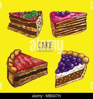 Digital vector detailed line art cake and roll slices with fruits hand drawn retro illustration collection set. Thin artistic pencil outline. Vintage  Stock Vector