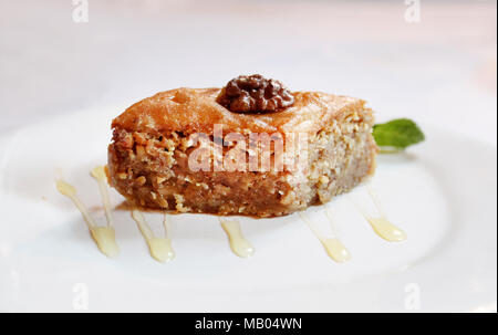 Photo of macro sweet honey baklava on a white plate Stock Photo