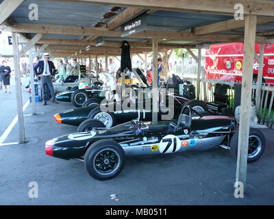 Historic racing cars in the paddock at the 2008 Goodwood Revival event. Stock Photo