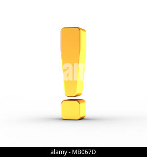 Exclamation mark symbol as a polished golden object over white background with clipping path for quick and accurate isolation. Stock Photo