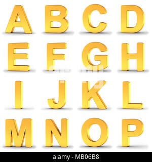 Set of golden alphabet from A to P over white background with clipping path for each letter for fast and accurate isolation. Stock Photo