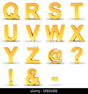 Set of golden alphabet from Q to Z over white background with clipping path for each item for fast and accurate isolation. Stock Photo
