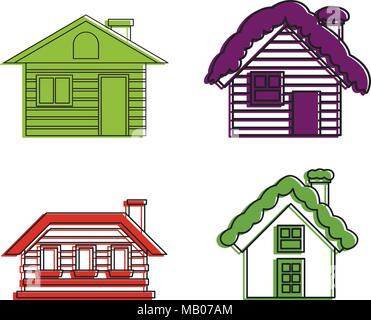 Wood house icon set, color outline style Stock Vector