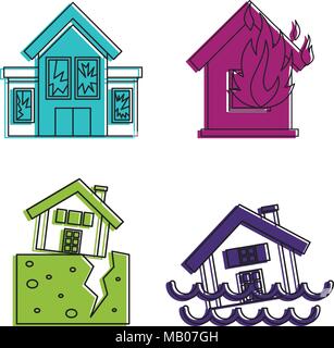 Destroyed house icon set, color outline style Stock Vector