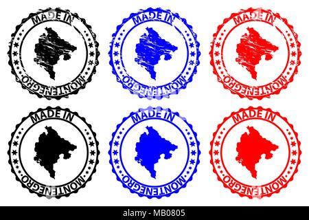 Made in Montenegro - rubber stamp - vector, Montenegro map pattern - black, blue and red Stock Vector