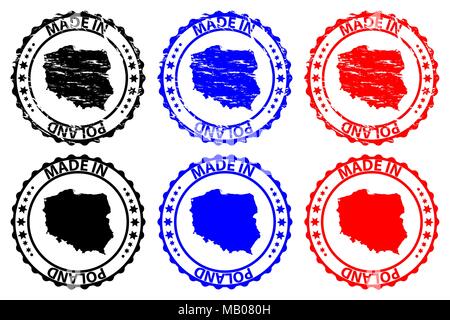 Made in  Poland - rubber stamp - vector, Poland map pattern - black, blue and red Stock Vector