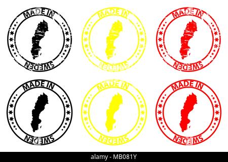 Made in Sweden - rubber stamp - vector, Sweden map pattern - black, yellow and red Stock Vector