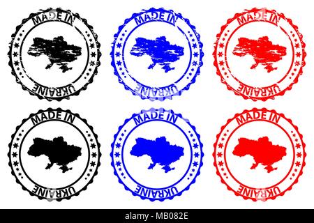Made in Ukraine - rubber stamp - vector, Ukraine map pattern - black, blue and red Stock Vector