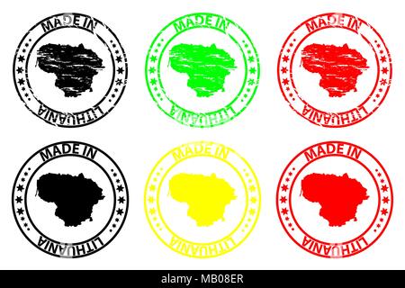 Made in Lithuania - rubber stamp - vector, Lithuania map pattern - black, green, yellow and red Stock Vector