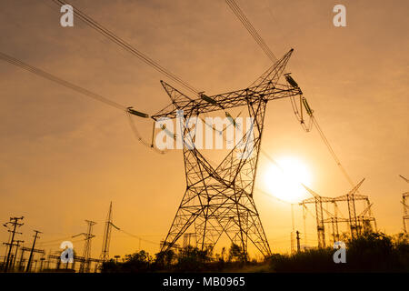 Electric power lines coming out from a substation at Foz do Iguazu, Parana State, Brazil Stock Photo