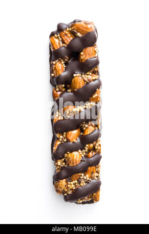 Muesli bars with almond and black chocolate isolated on white background. Top view Stock Photo
