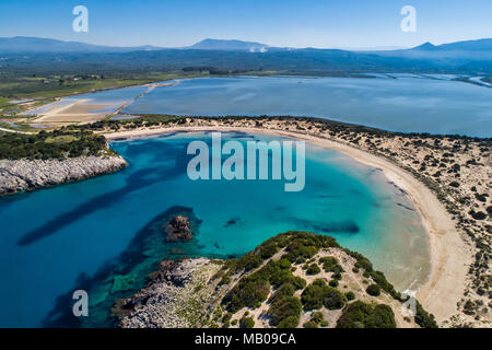 Panoramic aerial view of voidokilia beach, one of the best beaches in mediterranean Europe, beautiful lagoon of Voidokilia from a high point of view,  Stock Photo