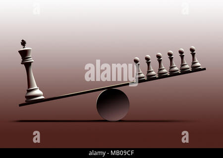 3D rendering of a onceptual representation of social inequality and the imbalance between social classes represented with chess pieces Stock Photo