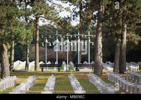 Tombstones and a carilion at the German military cemetery in Ysselsteyn, Netherlands Stock Photo