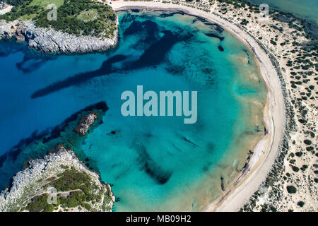 Panoramic aerial view of voidokilia beach, one of the best beaches in mediterranean Europe, beautiful lagoon of Voidokilia from a high point of view,  Stock Photo