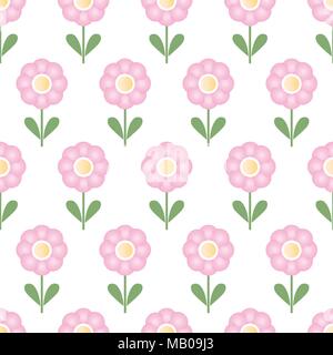Seamless pattern with repeating pink flowers - isolated vector on a white background Stock Vector