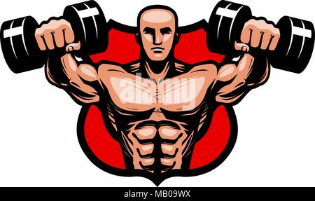 Gym, bodybuilding, sport logo or label. Bodybuilder lifts heavy dumbbells hands. Vector illustration Stock Vector