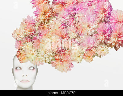 Beautiful artistic portrait of a young woman with an extravagant colorful floral headdress Stock Photo