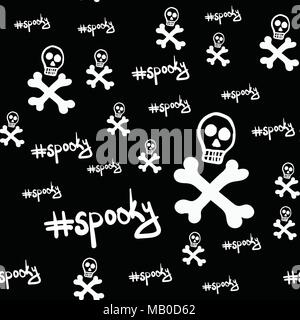 Stylized skulls seamless pattern on black backdrop with spooky hash tag, vector design Stock Vector