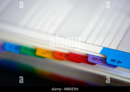Selective focus alphabetical index address book Stock Photo