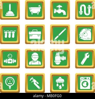 Plumber symbols icons set green square vector Stock Vector
